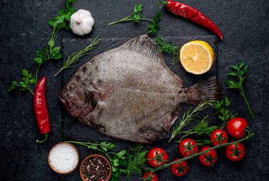 Arkaplanda baharat olan çiğ balık.