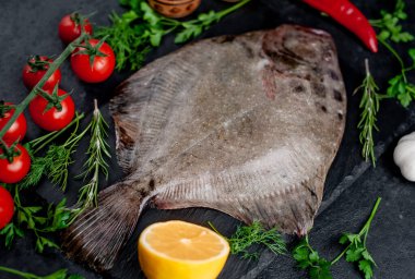 Arkaplanda baharat olan çiğ balık.