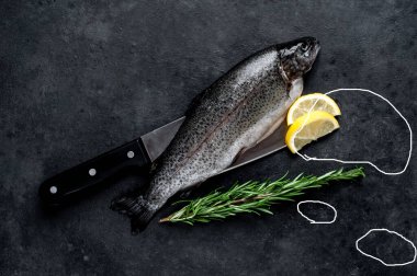 Metnin için fotokopi alanı olan taştan bir arka plandaki bıçakta baharat ve malzemelerle çiğ balık alabalığı.