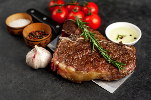 Grill Bone Steak Ingredients Meat Knife Stone Background — Stock Photo, Image