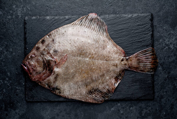 raw flounder fish with spices on a stone background