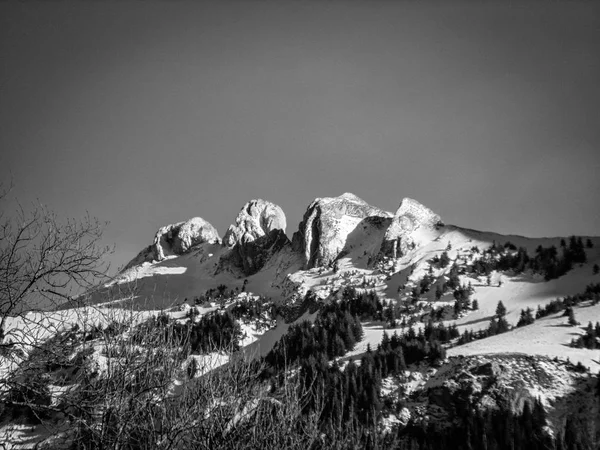 Hory Zimě Alpesduring Sněhu Úžasné Sluneční Světlo Černo Bílé Fotografie — Stock fotografie