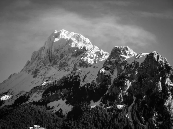 Siyah Beyaz Dağ Manzara Fotoğrafçılığı Fransız Alps Kar Orman Güneş - Stok İmaj