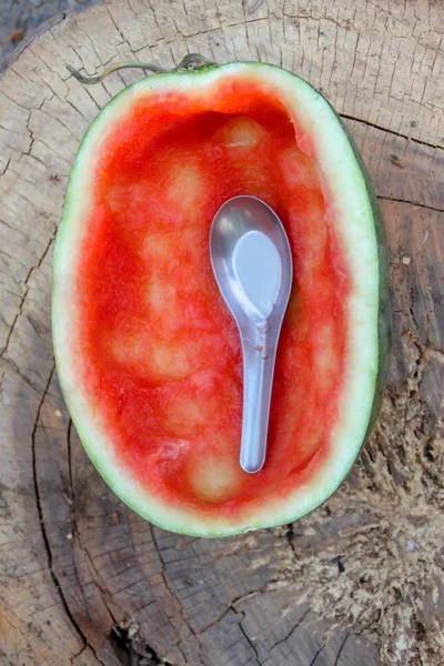 Half of the red watermelon was eaten — Stock Photo, Image