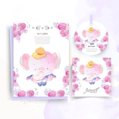 Suluboya tarzında Vintage Floral sevimli hayvan kartı.