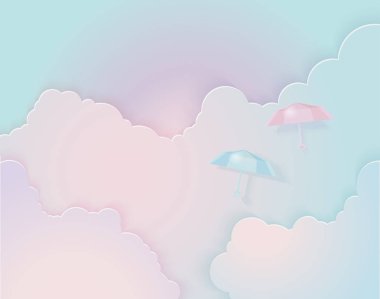 Pastel gökyüzü arka plan sevmek ile sıcak hava balon kağıt sanat tarzı