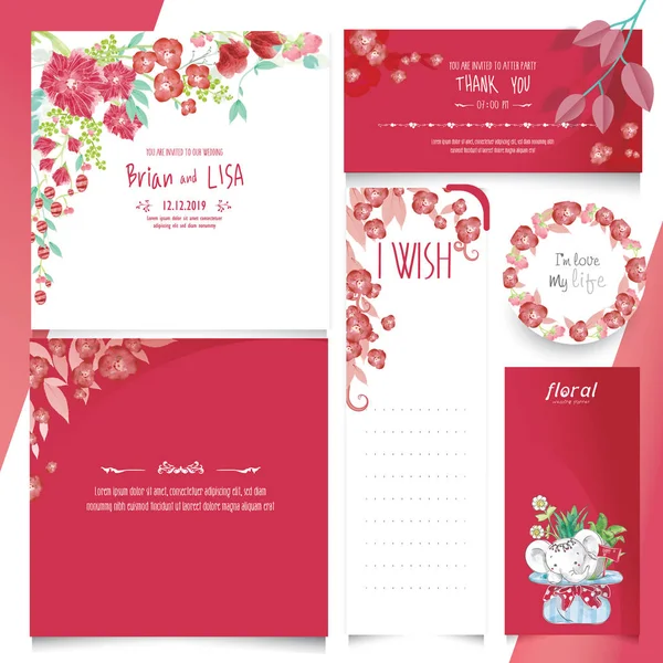 Red Floral Wedding Card in watercolor style Set. — Stock Vector