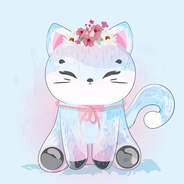 डूडल मांजर चित्रकला फुलांचा वॉटरकलर . — स्टॉक व्हेक्टर