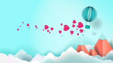 Balon uçan ve gökyüzünde Scatter kalp kağıt sanatı, origam