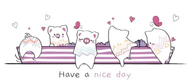 Sevimli el vahşi hayvan ailesini karikatür karalama duvar kağıdı ile selamlıyor.