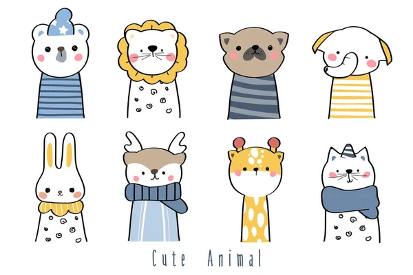 Carino Mano Disegno Selvaggio Animale Famiglia Saluto Cartone Animato Doodle — Vettoriale Stock