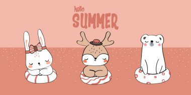 Sevimli el vahşi hayvan ailesini karikatür karalama duvar kağıdı ile selamlıyor.