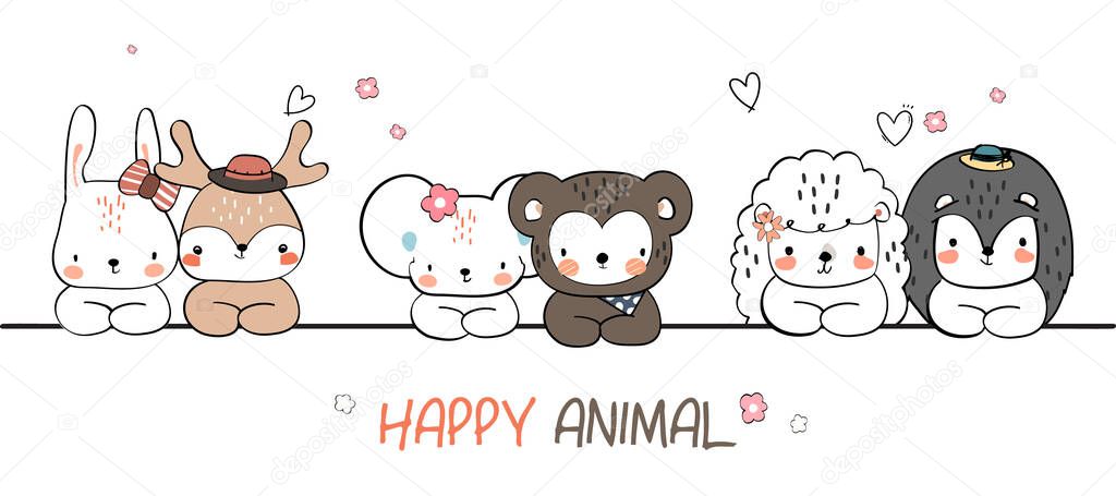 Cute hand drawing wild animal family greeting cartoon doodle wallpaper in summer fashion