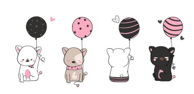 Sevimli köpek çizimleri. Elinde bir balon olan el resmi. Basit bir kostüm giyiyor. Komik ve eğlenceli bir yüz ifadesi takınıyor.