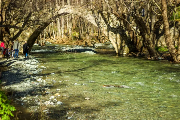 川の橋 古い石造りの橋の人々 がピクニックのために停止し 森林地帯でのハイキング — ストック写真