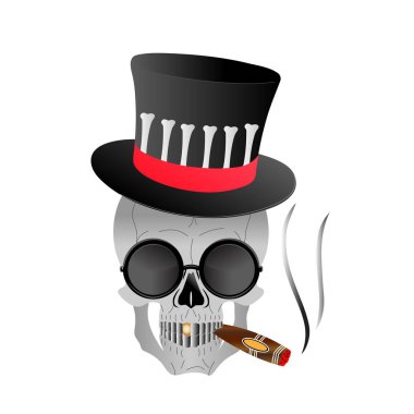 Kafatası gözlük ve şapka puro içiyor.