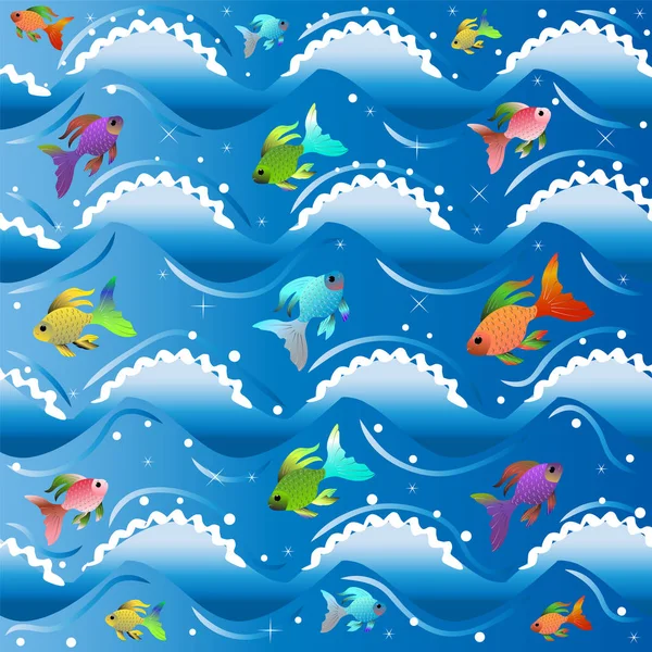 Блакитне море з ягнятами білої піни на хвилях і маленькими різнокольоровими рибами — стоковий вектор