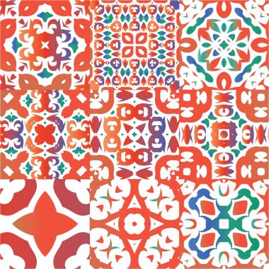 Antik Meksika Talavera seramiği. Bir dizi vektörsüz şablon. Şık tasarım. Albüm defteri, akıllı telefon kılıfları, tişörtler, çantalar ve çarşaflar için kırmızı ve soyut dekoru.