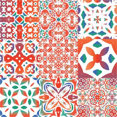 Süslü Talavera Meksika fayans dekoru. Mutfak tasarımı. Vektörsüz desenlerin toplanması. Çarşaflar, akıllı telefon kılıfları, hatıra defterleri, çantalar ya da tişörtler için kırmızı muhteşem çiçek desenleri..