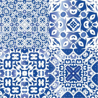 Portekizce süslemeli azulejo seramik. Vektör aralıksız desenler. Grafik tasarımı. Duvar kağıdı, web arkaplanı, havlular, baskı, yüzey dokusu, yastıklar için mavi vintage arkaplan.
