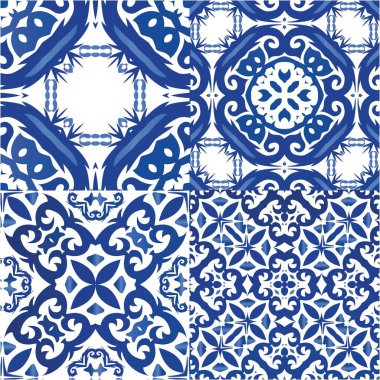 Seramik fayanslar azulejo portugal. Vektörsüz desenlerin toplanması. Grafik tasarımı. Tişört, hatıra defteri, çarşaf, akıllı telefon çantaları veya çantalar için mavi etnik altyapı.