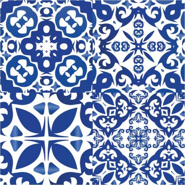 Süslü Azulejo Portekiz fayansları. Vektörsüz desenlerin toplanması. Modern tasarım. Çarşaflar, akıllı telefon kılıfları, hatıra defterleri, çantalar ya da tişörtler için mavi muhteşem halk resimleri..