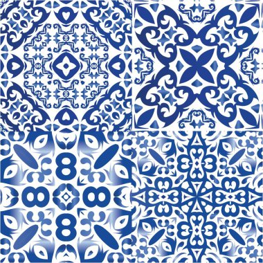 Dekoratif renk seramik azulejo fayansları. Bir dizi vektörsüz şablon. Moda tasarımı. Baskı, web arkaplanı, yüzey dokusu, havlu, yastık, duvar kağıdı için mavi folklor süslemeleri.