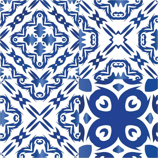 Antika Portugisiska Azulejo Keramik Ursprunglig Design Sats Vektorsömlösa Mönster Blå — Stock vektor