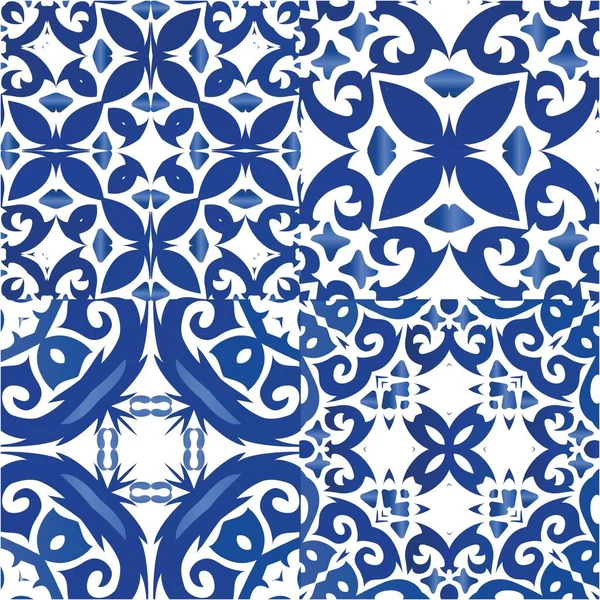 Portekizce süslemeli azulejo seramik. Bir dizi vektörsüz şablon. Geometrik tasarım. Duvar kağıdı, web arkaplanı, havlular, baskı, yüzey dokusu, yastıklar için mavi vintage arkaplan.