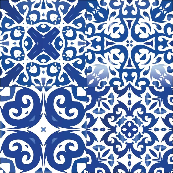 Portuguese Vintage Azulejo Tiles Collection Vector Seamless Patterns Original Design — Stock Vector