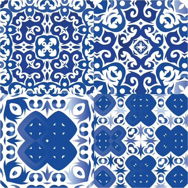 Traditional Ornate Portuguese Azulejos Kitchen Design Set Vector Seamless Patterns — Stock Vector
