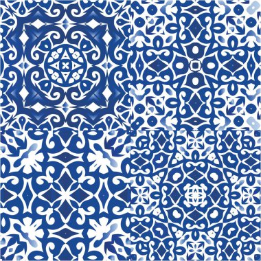 Seramik fayanslar azulejo portugal. Geometrik tasarım. Vektörsüz desenlerin toplanması. Tişört, hatıra defteri, çarşaf, akıllı telefon çantaları veya çantalar için mavi etnik altyapı.