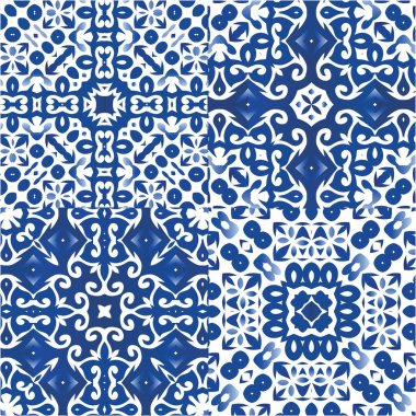 Portekizce süslemeli azulejo seramik. Geometrik tasarım. Bir dizi vektörsüz şablon. Duvar kağıdı, web arkaplanı, havlular, baskı, yüzey dokusu, yastıklar için mavi vintage arkaplan.