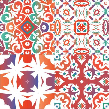 Antik Meksika Talavera seramiği. Moda tasarımı. Bir dizi vektörsüz şablon. Albüm defteri, akıllı telefon kılıfları, tişörtler, çantalar ve çarşaflar için kırmızı ve soyut dekoru.