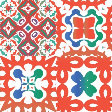 Dekoratif renk talavera fayansları. Bir dizi vektörsüz şablon. Moda tasarımı. Baskı, web arkaplanı, yüzey dokusu, havlu, yastık, duvar kağıdı için kırmızı halk etnik süslemeleri.