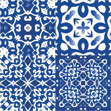 Dekoratif renk seramik azulejo fayansları. Mutfak tasarımı. Vektör aralıksız desenler. Baskı, web arkaplanı, yüzey dokusu, havlu, yastık, duvar kağıdı için mavi folklor süslemeleri.
