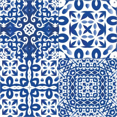 Portekizce süslemeli azulejo seramik. Evrensel tasarım. Vektör aralıksız desenler. Duvar kağıdı, web arkaplanı, havlular, baskı, yüzey dokusu, yastıklar için mavi vintage arkaplan.