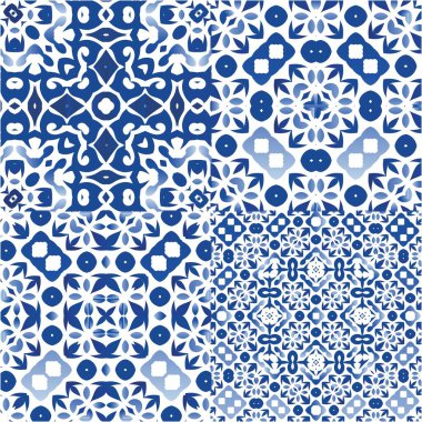 Dekoratif renk seramik azulejo fayansları. Vektörsüz desenlerin toplanması. Minimum tasarım. Baskı, web arkaplanı, yüzey dokusu, havlu, yastık, duvar kağıdı için mavi folklor süslemeleri.