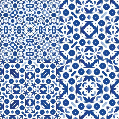 Antika azulejo döşeme yaması. Minimum tasarım. Bir dizi vektörsüz şablon. Çantalar, akıllı telefon kılıfları, tişörtler, çarşaflar veya koleksiyon defterleri için mavi İspanya ve Portekiz dekoru.