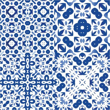 Antika azulejo döşeme yaması. Bir dizi vektörsüz şablon. Geometrik tasarım. Çantalar, akıllı telefon kılıfları, tişörtler, çarşaflar veya koleksiyon defterleri için mavi İspanya ve Portekiz dekoru.