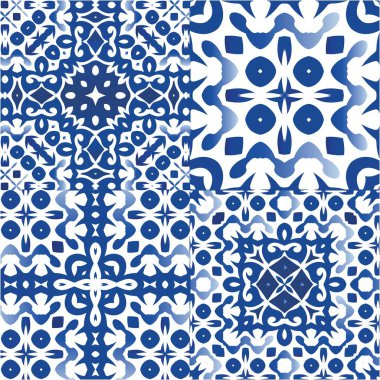 Portekiz yapımı Azulejo fayansları. Geometrik tasarım. Bir dizi vektörsüz şablon. Yastıklar, baskılar, duvar kağıtları, ağ arkaplanı, havlular, yüzey dokusu için mavi antika arkaplan.