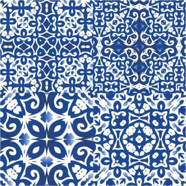 Antika Portekiz azulejo seramiği. Renkli tasarım. Vektörsüz desenlerin toplanması. Koleksiyon defteri, akıllı telefon kılıfları, tişörtler, çantalar ve çarşaflar için mavi ve soyut bir dekor.
