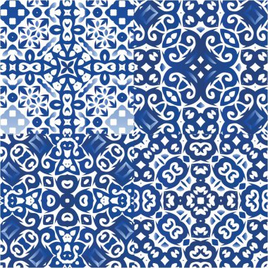 Portekiz azulejo 'sunda etnik seramik fayanslar. Vektör aralıksız desenler. Evrensel tasarım. Yüzey dokusu, havlu, yastık, duvar kağıdı, baskı, web arkaplanı için mavi klasik süsler.