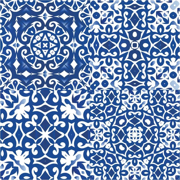 Keramické Dlaždice Azulejo Geometrický Design Kolekce Vektorových Vzorců Modré Etnické — Stockový vektor