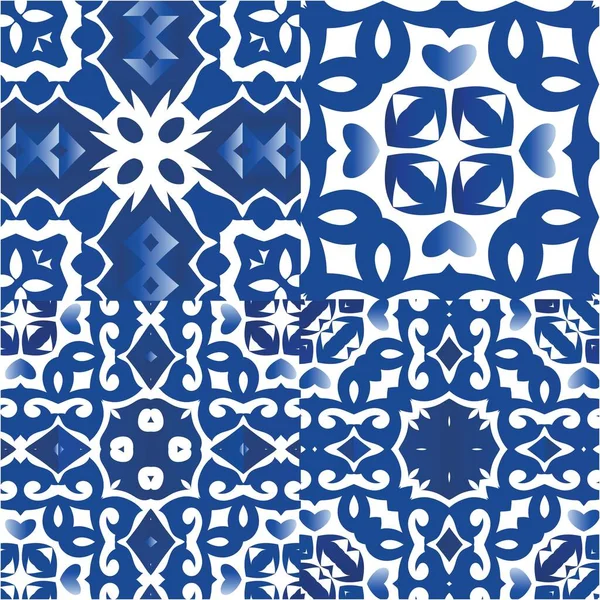 Antique Azulejo Tiles Patchworks Graphic Design Set Vector Seamless Patterns — Stock Vector