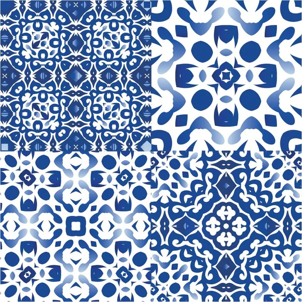 Geleneksel Portekizli azulejolar. Orijinal tasarım Bir dizi vektörsüz şablon. Ağ arkaplanı, baskı, yastıklar, yüzey dokusu, duvar kağıdı, havlular için mavi soyut arkaplan.