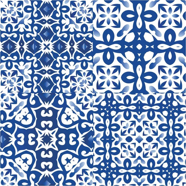 Ethnische Keramikfliesen Portugiesischem Azulejo Sammlung Vektornahtloser Muster Stilvolles Design Blaue — Stockvektor