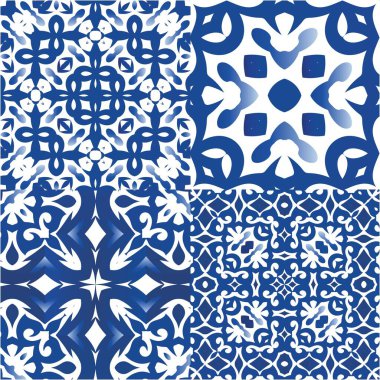 Antika Portekiz azulejo seramiği. Vektörsüz desenlerin toplanması. Evrensel tasarım. Koleksiyon defteri, akıllı telefon kılıfları, tişörtler, çantalar ve çarşaflar için mavi ve soyut bir dekor.