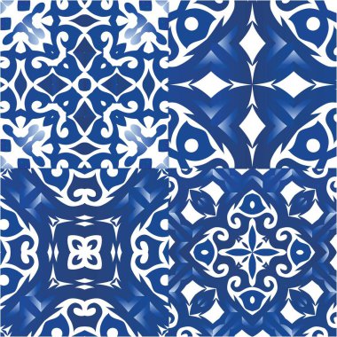 Süslü Azulejo Portekiz fayansları. Şık tasarım. Vektör aralıksız desenler. Çarşaflar, akıllı telefon kılıfları, hatıra defterleri, çantalar ya da tişörtler için mavi muhteşem halk resimleri..