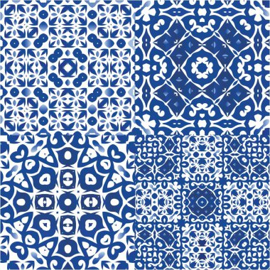 Antika Portekiz azulejo seramiği. Bir dizi vektörsüz şablon. Moda tasarımı. Koleksiyon defteri, akıllı telefon kılıfları, tişörtler, çantalar ve çarşaflar için mavi ve soyut bir dekor.